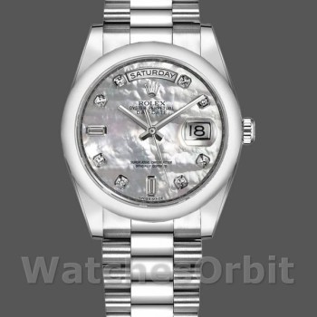 Replica Rolex Day-Date 36mm Unisex-118206-Platino-Bianco Madreperla-Diamante Quadrante MOP