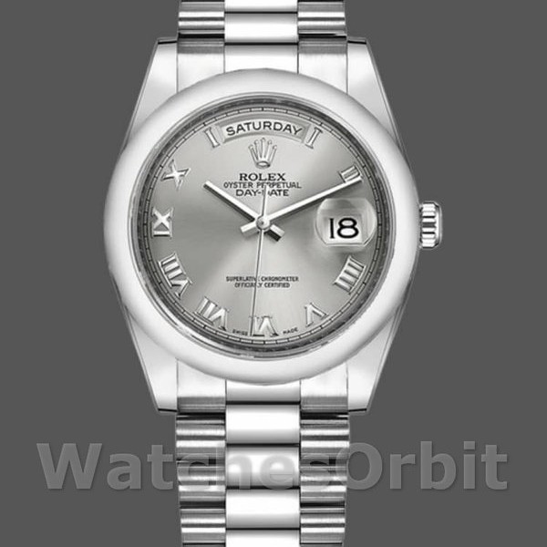Replica Rolex Day-Date 36mm Unisex-118206-Rodiato Quadrante Grigio-Numeri Romani Grigio