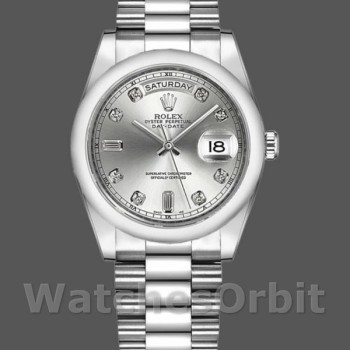 Replica Rolex Day-Date 36mm Unisex-118206-Argento quadrante diamantato-Argento platino