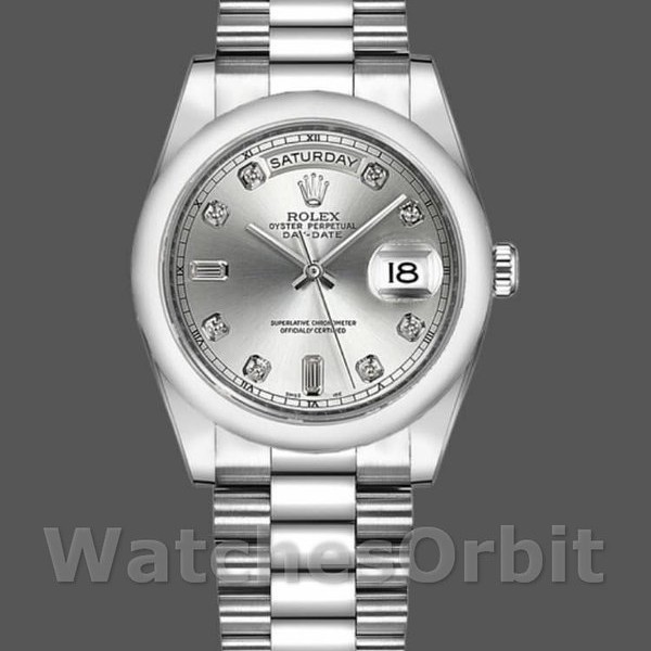 Replica Rolex Day-Date 36mm Unisex-118206-Argento quadrante diamantato-Argento platino