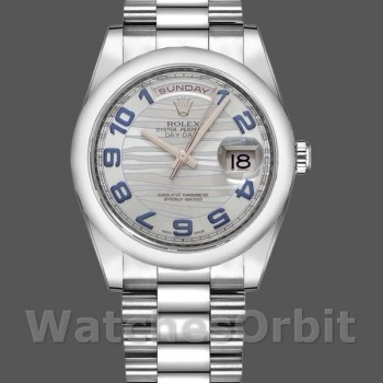 Replica Rolex Day-Date 36mm Unisex-118206-Modello a onde-Calendario blu ghiaccio-Numeri arabi blu ghiaccio