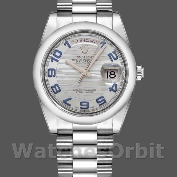 Replica Rolex Day-Date 36mm Unisex-118206-Modello a onde-Calendario blu ghiaccio-Numeri arabi blu ghiaccio