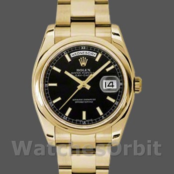 Replica Rolex Day-Date 36mm Unisex-118208-Calendario arabo nero-Oro giallo Nero