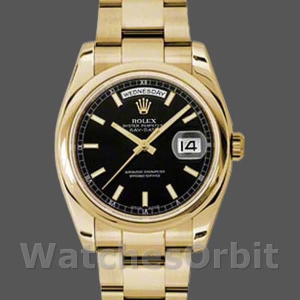 Replica Rolex Day-Date 36mm Unisex-118208-Calendario arabo nero-Oro giallo Nero