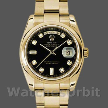 Replica Rolex Day-Date 36 mm Unisex-118208-Dialetto nero con diamanti-Oro giallo nero