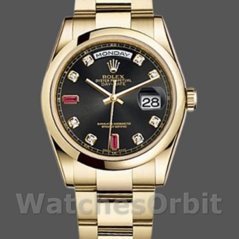 Replica Rolex Day-Date 36 mm Unisex-118208-Calendario nero con diamanti-Cassa in oro giallo Nero