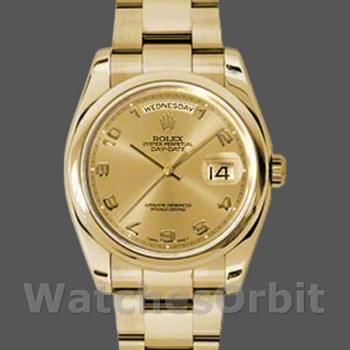 Replica Rolex Day-Date 36mm Unisex-118208-Calendario champagne-Indici numerali arabi-Orologi in oro giallo Champagne