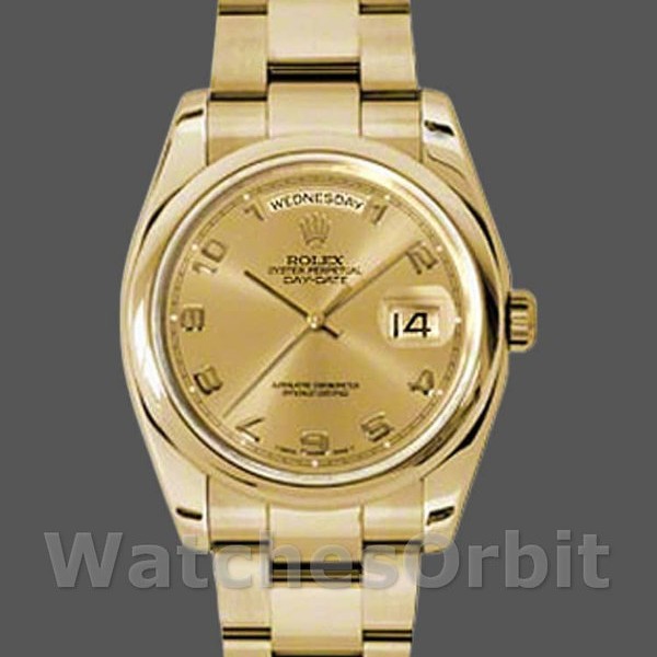 Replica Rolex Day-Date 36mm Unisex-118208-Calendario champagne-Indici numerali arabi-Orologi in oro giallo Champagne