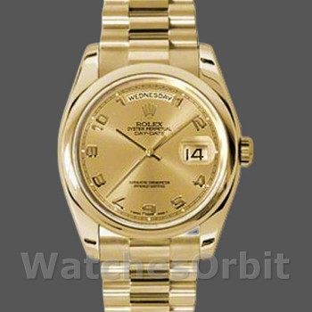 Replica Rolex Day-Date 36mm Unisex-118208-Calendario champagne-Indici numerali arabi-Orologi in oro giallo Champagne