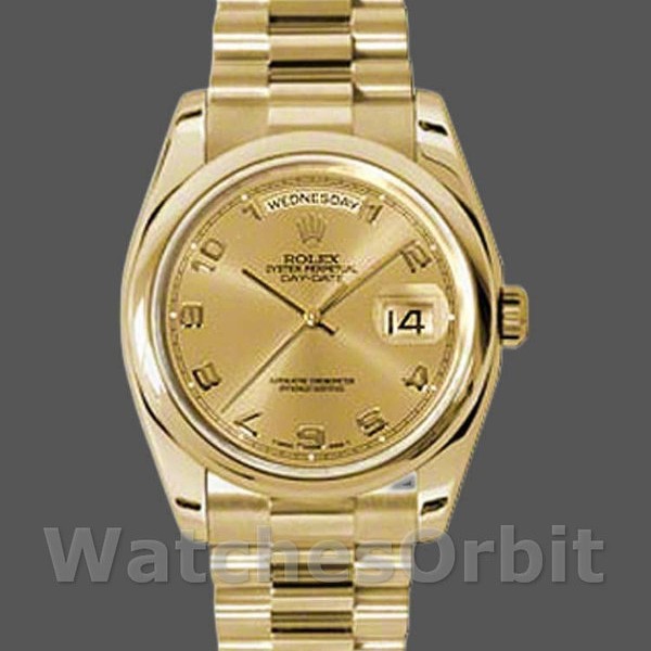 Replica Rolex Day-Date 36mm Unisex-118208-Calendario champagne-Indici numerali arabi-Orologi in oro giallo Champagne