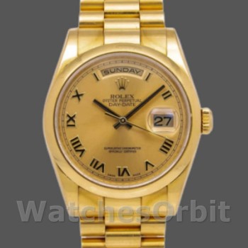 Replica Rolex Day-Date 36mm Unisex-118208-Calendario champagne-Numeri romani Champagne