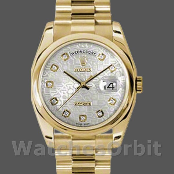 Replica Rolex Day-Date 36mm Unisex-118208-Argento Quadrante Giubileo di Diamanti-Oro giallo Argento