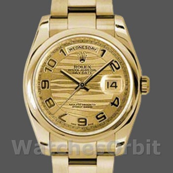 Replica Rolex Day-Date 36 mm Unisex-118208-Oro giallo-Numero arabo Wave-Comparatore champagne Champagne