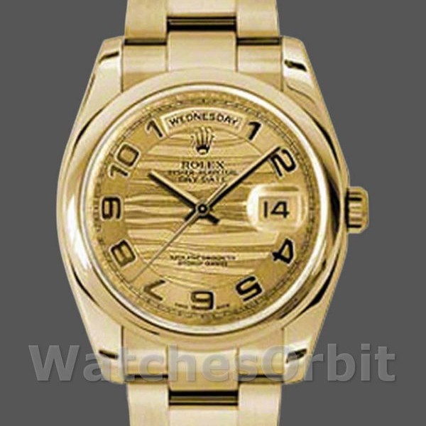 Replica Rolex Day-Date 36 mm Unisex-118208-Oro giallo-Numero arabo Wave-Comparatore champagne Champagne