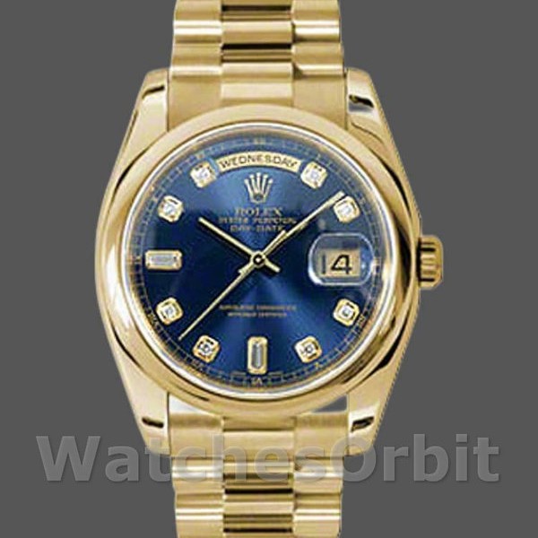 Replica Rolex Day-Date 36 mm Unisex-118208-Oro giallo-Diamante blu Quadrante blu