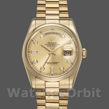 Replica Rolex Day-Date 36 mm Unisex-118208-Oro giallo-Champagne Quadrante di diamanti Champagne