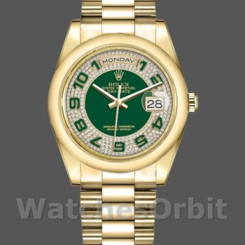 Replica Rolex Day-Date 36 mm Unisex-118208-Oro giallo-Verde pavé di diamanti-Dal quadrante arabo verde