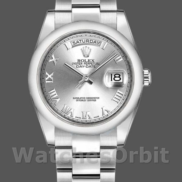 Replica Rolex Day-Date 36mm Unisex-118209-Componente argentato a numeri romani-Automatico argento