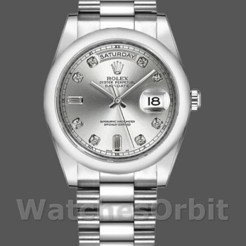 Replica Rolex Day-Date 36mm Unisex-118209-Dal quadrante diamantato in oro bianco-argento-Automatico Argento