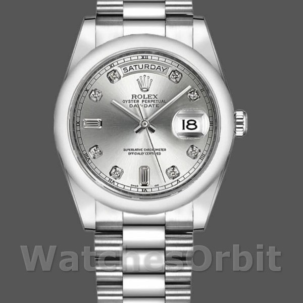Replica Rolex Day-Date 36mm Unisex-118209-Dal quadrante diamantato in oro bianco-argento-Automatico Argento
