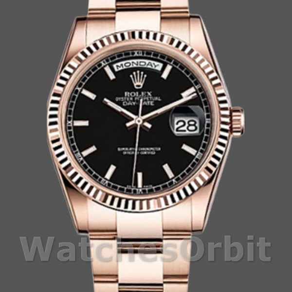 Replica Rolex Day-Date 36 mm Unisex-118235-Calrante nero-Ghiera scanalata Nero