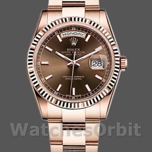Replica Rolex Day-Date 36mm Unisex-118235-Ghiera scanalata-Dialetto cioccolato Unisex-118235