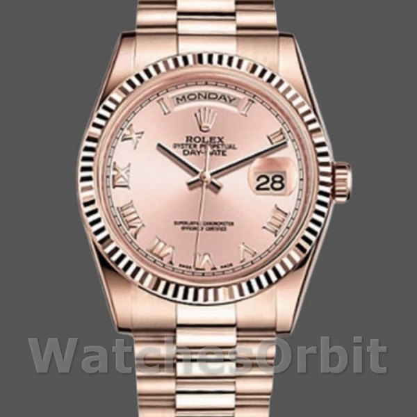 Replica Rolex Day-Date 36mm Donna-118235-Calendario Rosa Numeri Romani Rosa