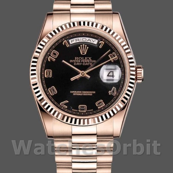 Replica Rolex Day-Date 36mm Unisex-118235-Oro rosa-Comparatore arabo nero Unisex-118235-Comparatore arabo nero