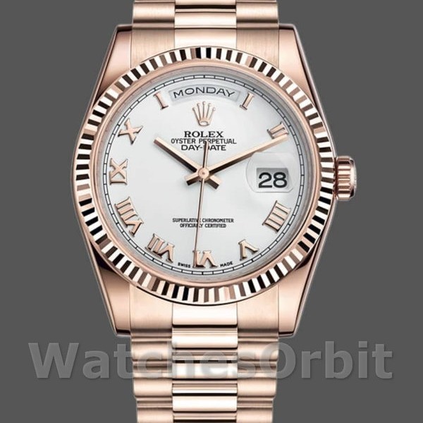 Replica Rolex Day-Date 36 mm Unisex-118235-Calrante bianco-Ghiera scanalata Bianco