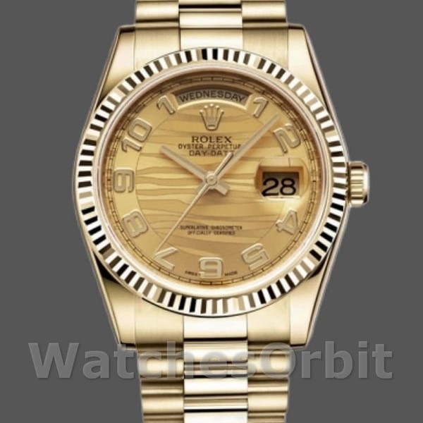 Replica Rolex Day-Date 36mm Unisex-118238-Arabic Numeral Wave-Champagne Dial-Yellow Gold Champagne