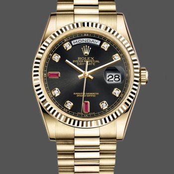 Replica Rolex Day-Date 36 mm Uomo-118238-Calendario nero con diamanti-Ghiera scanalata Nero