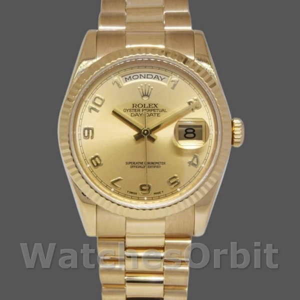 Replica Rolex Day-Date 36mm Unisex-118238-Calendario champagne-Numero arabo champagne
