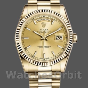 Replica Rolex Day-Date 36mm Unisex-118238-Ghiera scanalata-Comparatore Champagne Champagne