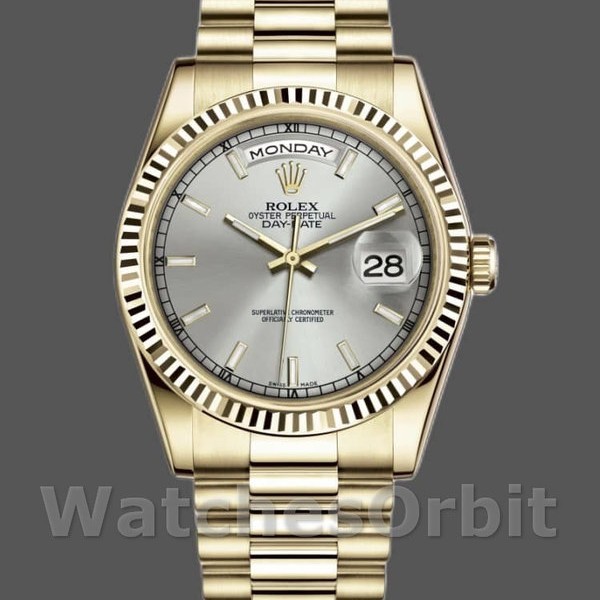 Replica Rolex Day-Date 36mm Unisex-118238-Comparatore argento-Ghiera scanalata Argento