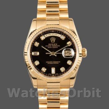 Replica Rolex Day-Date 36 mm Uomo-118238-Oro giallo-Calendario nero con diamanti Nero