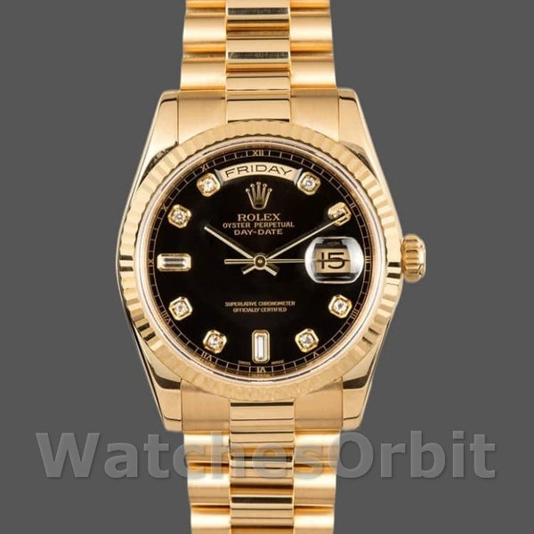 Replica Rolex Day-Date 36 mm Uomo-118238-Oro giallo-Calendario nero con diamanti Nero