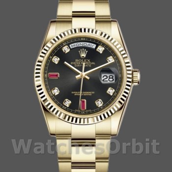 Replica Rolex Day-Date 36 mm Uomo-118238-Dal quadrante in oro giallo e diamanti neri-Ghiera scanalata nera