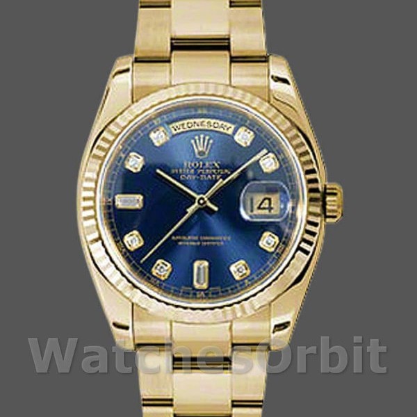 Replica Rolex Day-Date 36 mm Unisex-118238-Oro giallo-Diamante blu Quadrante blu