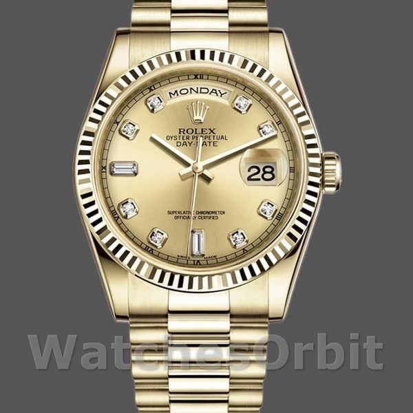 Replica Rolex Day-Date 36mm Unisex-118238-Oro giallo-Diamante Champagne Quadrante Champagne