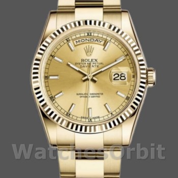 Replica Rolex Day-Date 36mm Unisex-118238-Oro giallo-Ghiera scanalata-Comparto champagne Lusso