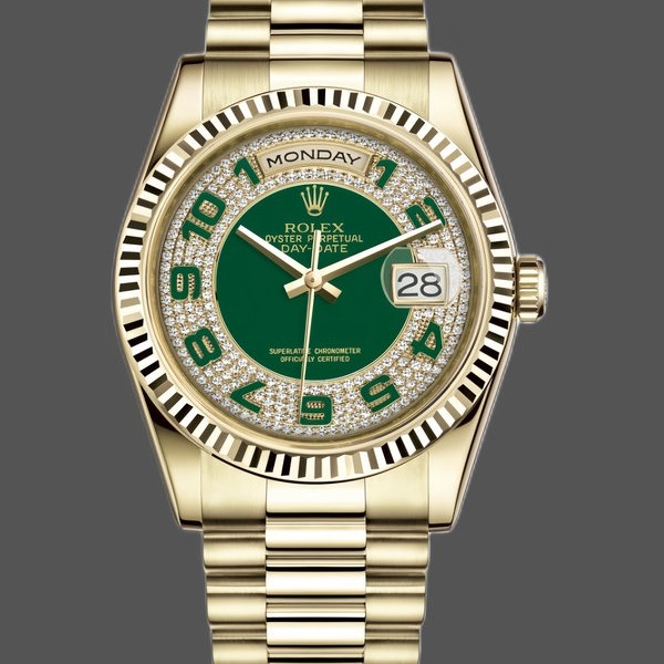 Replica Rolex Day-Date 36mm Unisex-118238-Ungherese Oro Giallo-Diamante Pave Quadrante Verde