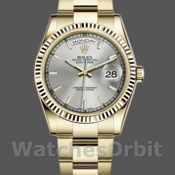 Replica Rolex Day-Date 36mm Unisex-118238-Dal quadrante oro giallo-argento- lunetta scanalata Argento