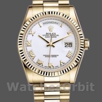 Replica Rolex Day-Date 36mm Unisex-118238-Oro giallo-Calendario bianco-Ghiera scanalata Bianco<br />