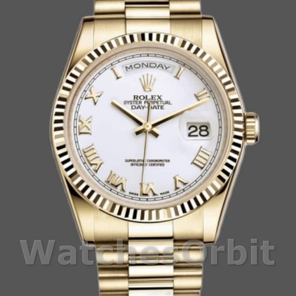 Replica Rolex Day-Date 36mm Unisex-118238-Oro giallo-Calendario bianco-Ghiera scanalata Bianco<br />