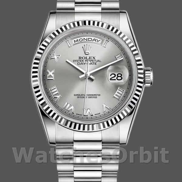 Replica Rolex Day-Date 36 mm Unisex-118239-Rodio Quadrante romano-Oro bianco Rodio