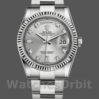 Replica Rolex Day-Date 36mm Unisex-118239-Argento Quadrante diamantato-Ghiera scanalata Argento