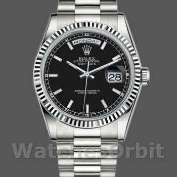 Replica Rolex Day-Date 36mm Unisex-118239-Dal quadrante bianco nero-Ghiera scanalata nero