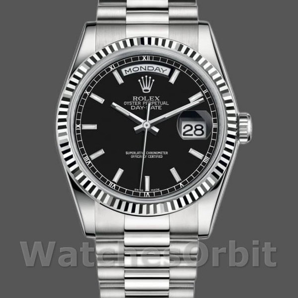 Replica Rolex Day-Date 36mm Unisex-118239-Dal quadrante bianco nero-Ghiera scanalata nero