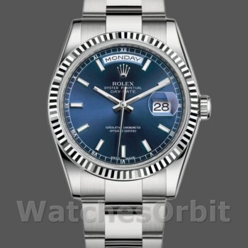 Replica Rolex Day-Date 36 mm Unisex-118239-Dal quadrante oro bianco-blu-Ghiera scanalata blu