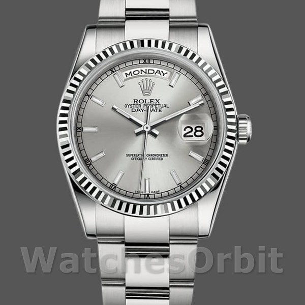 Replica Rolex Day-Date 36 mm Unisex-118239-Dal quadrante bianco-argento Argento